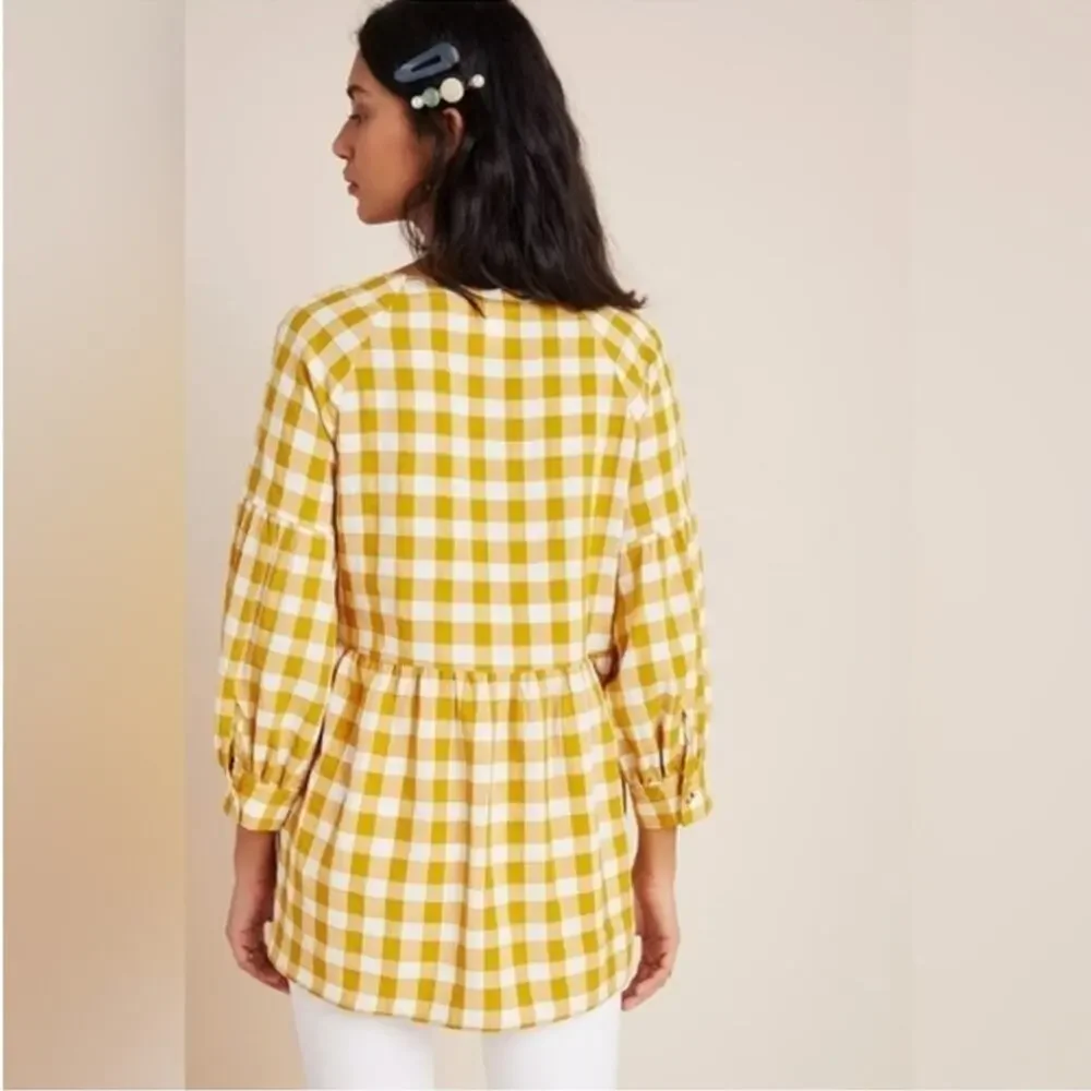 Maeve by Anthropologie April Gingham Mustard Yellow & White Boho Babydoll Blouse